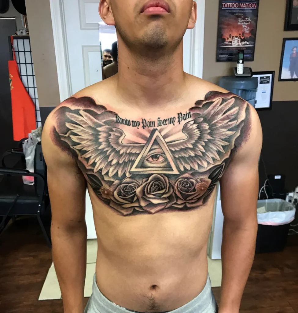 Futuristic Geometric Chest Tattoo with Abstract Detailing