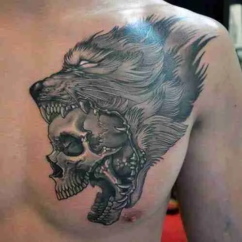 Complex Geometric Chest Tattoo with Abstract Patterns