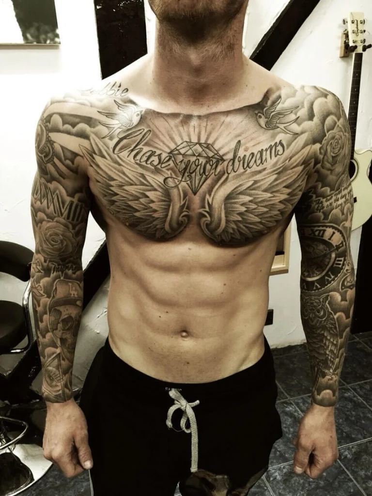 Geometric Chest Tattoo with Intricate Linework