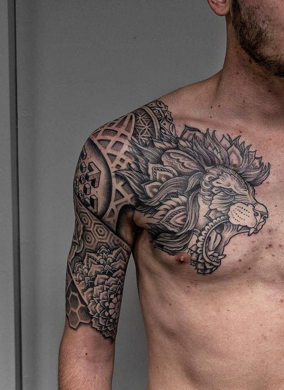 Mythological Chest Tattoo with Fierce Detail