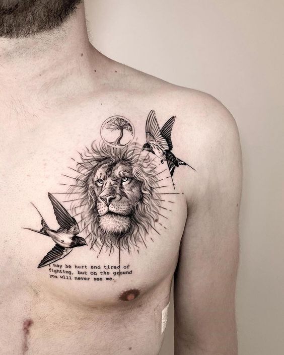 Black and Grey Chest Tattoo with Fierce Animal Motif