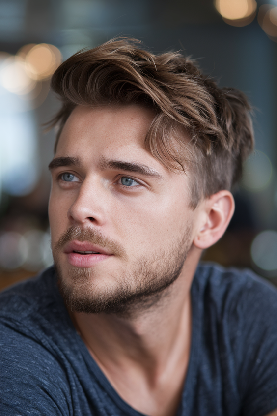 Swept-back medium-length hairstyle for men