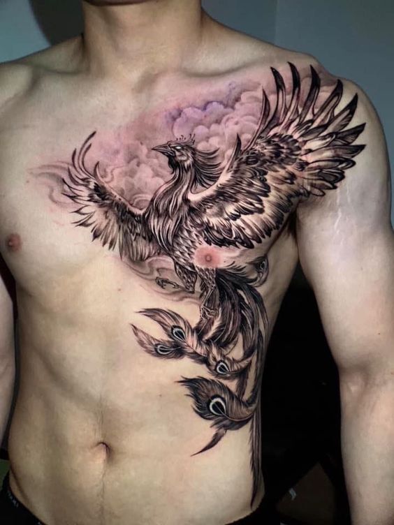 Dark and Intense Chest Tattoo with Deep Shading