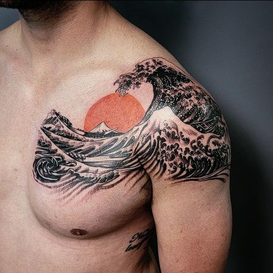 Dynamic Black and Grey Chest Tattoo with Fierce Expression