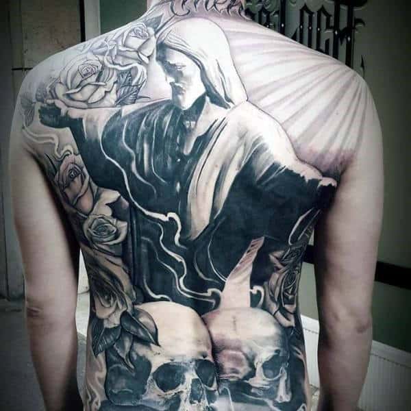 3D Chicano Back Tattoo Featuring Jesus and Skulls