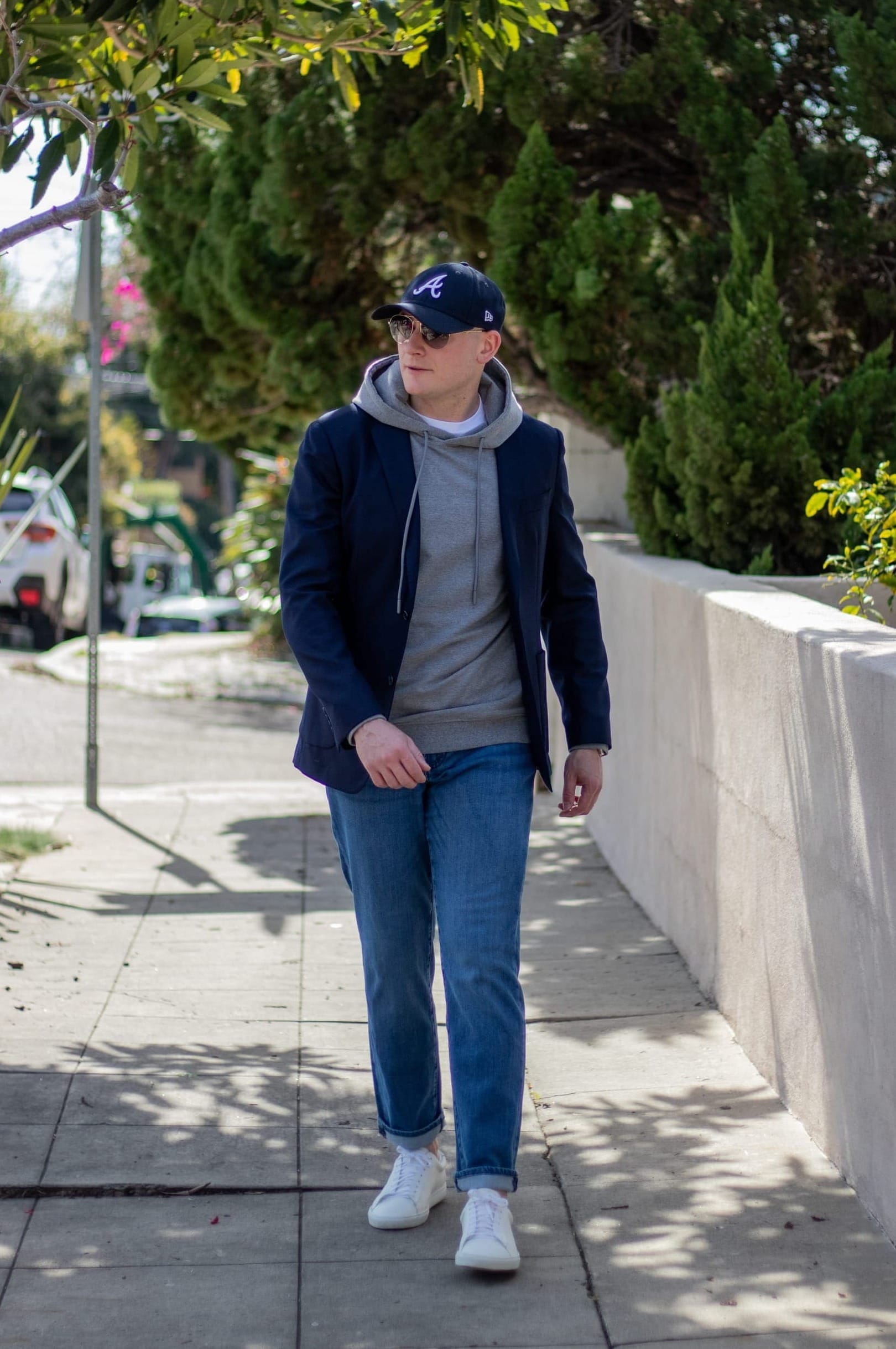 Sharp Contrast with a Gray Blazer and Black Trousers