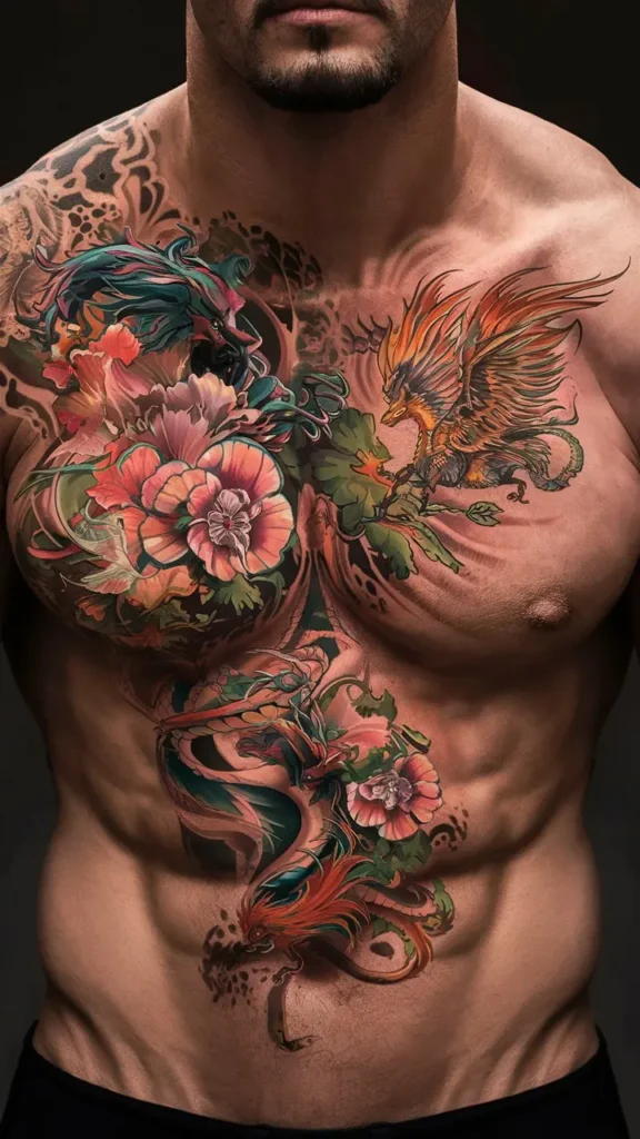 Half-Chest Tattoo with Tribal and Cultural Influence