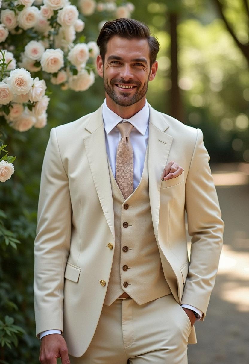 Wedding Summer Outfit Men Light Cream Suit