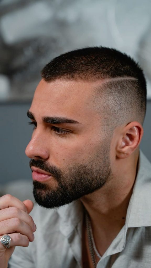 Long Buzz Cut with Rugged Beard Contrast