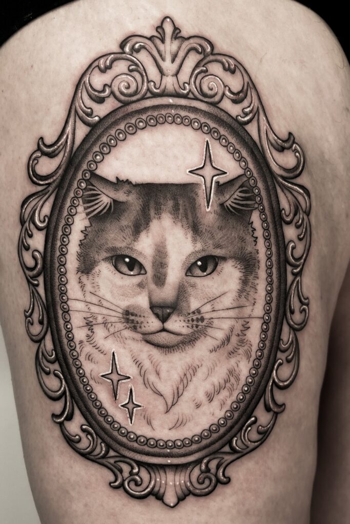 Fine-Line Cat Tattoo with Ornamental Floral Elements