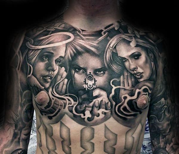 Angel and Devil Chicano Upper Chest Tattoo