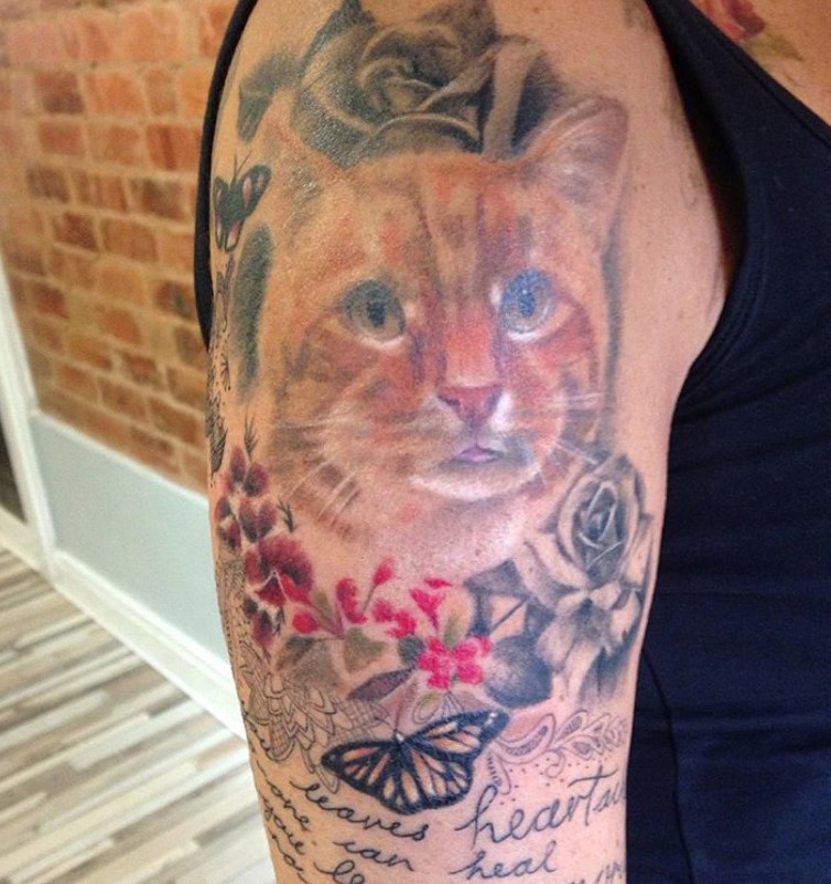 Cat Memorial Tattoo with Subtle Linework and Heart