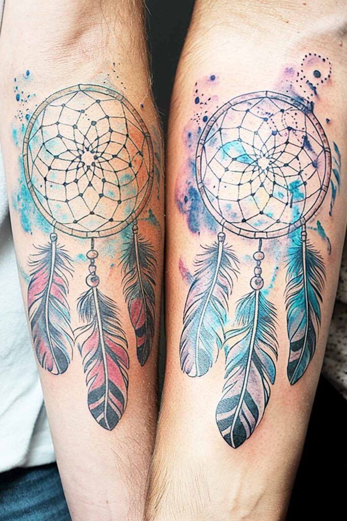 Watercolor Dreamcatcher Couple Tattoos