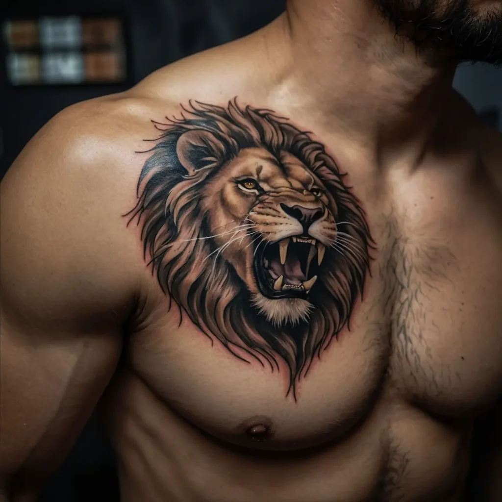 Half-Chest Lion Tattoo with Majestic Detailing