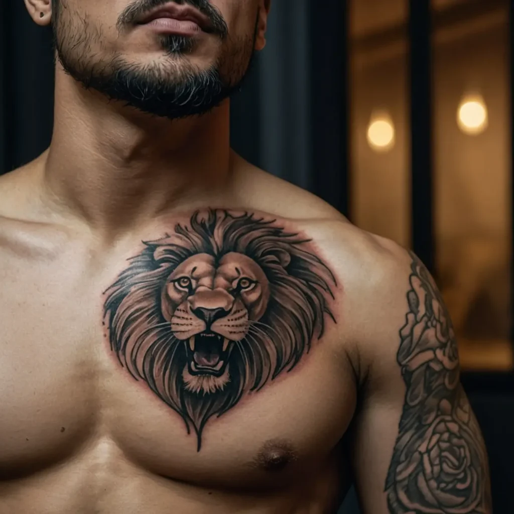 Half-Chest Lion Tattoo with Fierce Expression