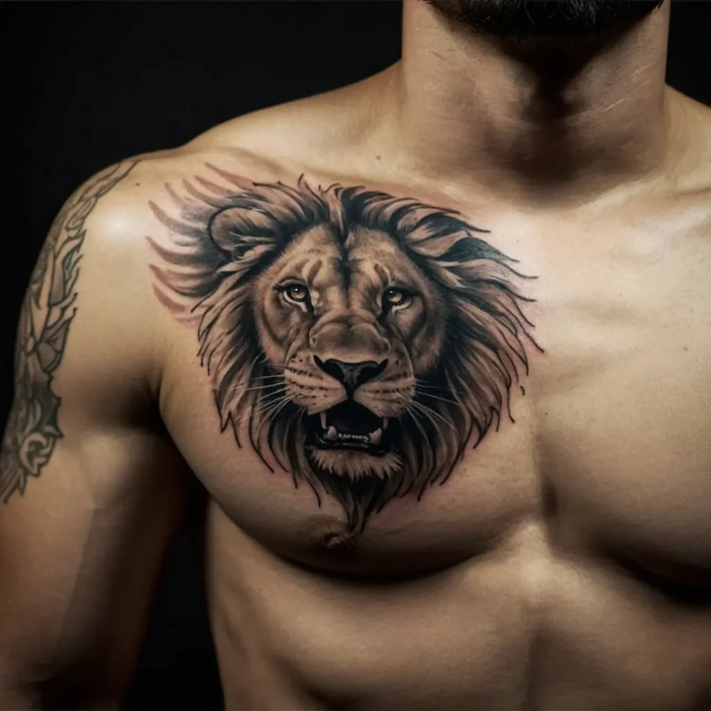 Majestic Half-Chest Lion Tattoo with Dramatic Shading