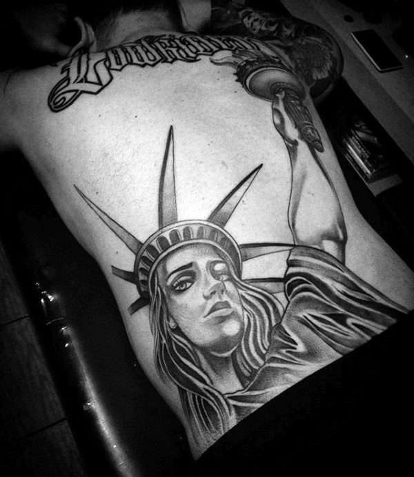 Chicano Statue of Liberty Back Tattoo with Bold Symbolism