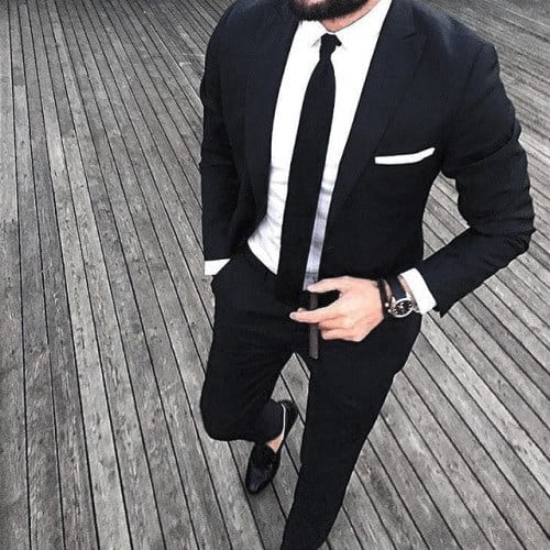 Classic Black Suit with Black Tie and Pocket Square