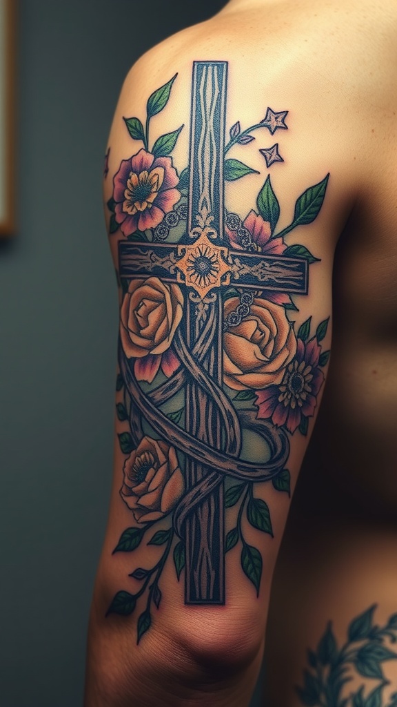 Traditional Cross with Floral Design Tattoo for Men