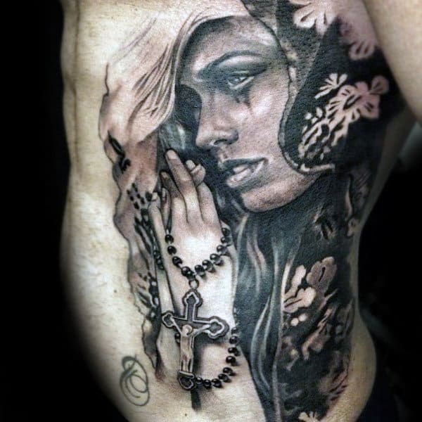 Praying Woman with Rosary Chicano Ribcage Tattoo